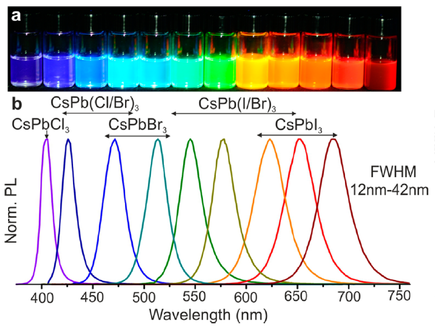 Figure 2. Color tunability of lead halide perovskites. a. Solutions containing nanocrystals of lead halide nanocrystals emitting over the visible range. b. Emission spectrum of lead halide perovskites depending on their halide composition. Figure obtained from the works done by Protesescu et al.7