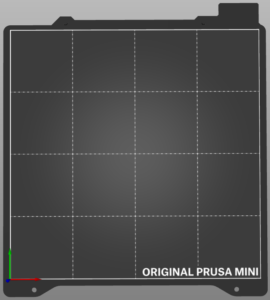 Printing plate of a 3D printer. The surface is made of a 4 by 4 grid, and is reflective in the middle. The words "Original Prusa Mini" are at the bottom right corner.